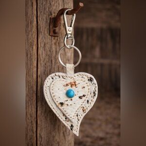Heart Leather Keychain with Turquoise Accent - White Speckled